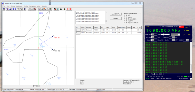 adsbSCOPE with RTL1090 tracking two aircraft from Aalborg